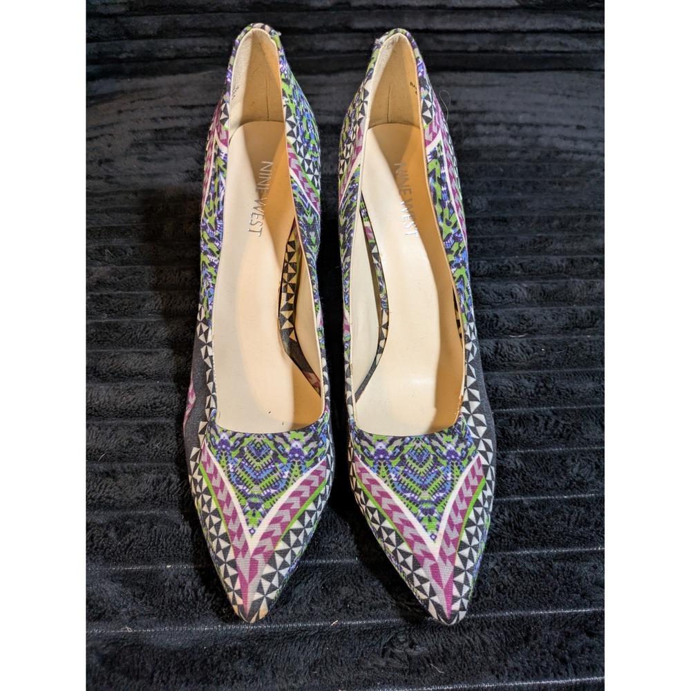 Nine West Gwendle2 Tribal Geometric Pointed Toe Pumps Multicolor Heels 7.5M